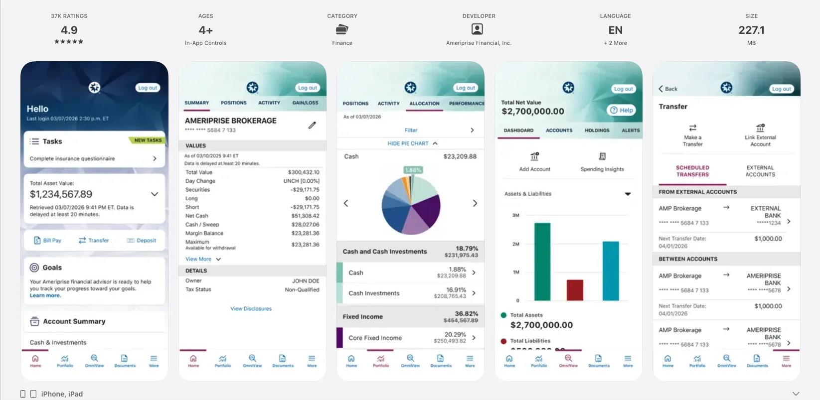 Ameriprise Financial iOS account dashboard