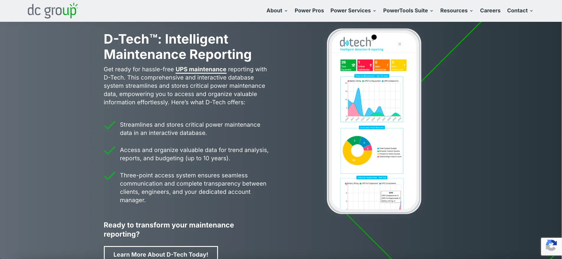DC Group D-Tech customer dashboard showing UPS equipment status