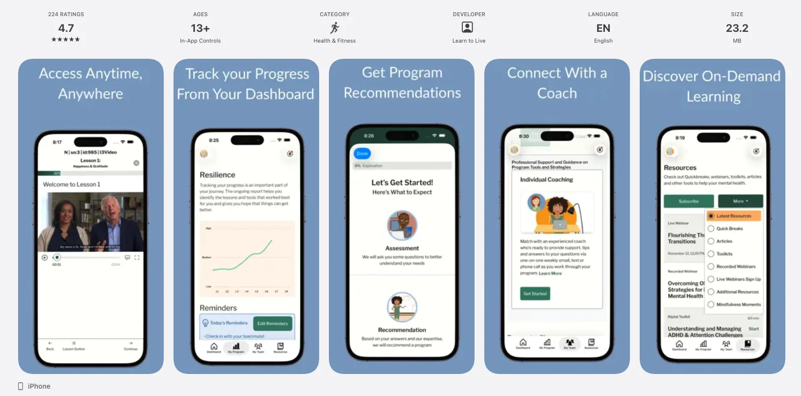 Learn to Live CBT app home screen